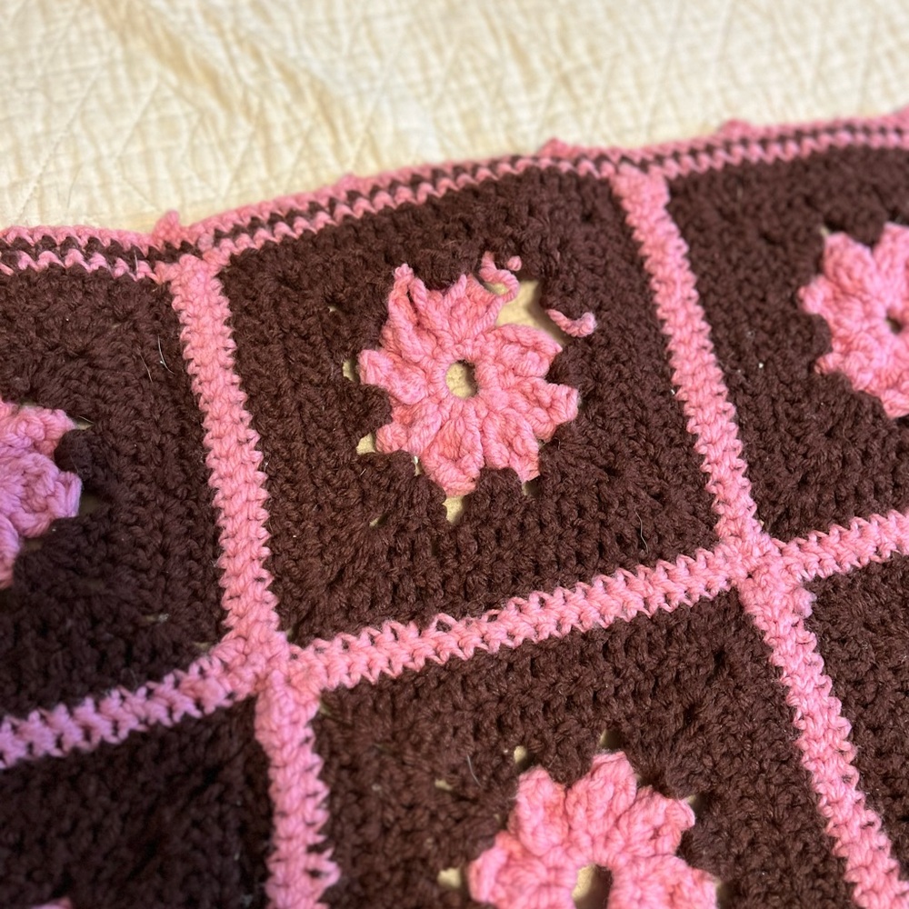 Handmade Crochet Blanket - Brown and Pink Floral - Picture 4 of 5